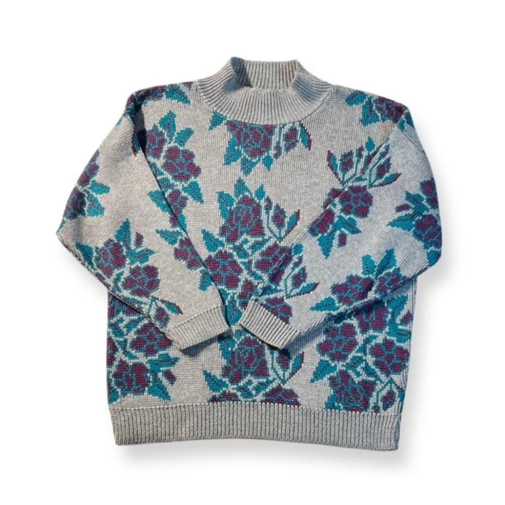 Vintage 1980s Cottage Core Knitted Gray, Purple and Teal Floral MockNeck Sweater